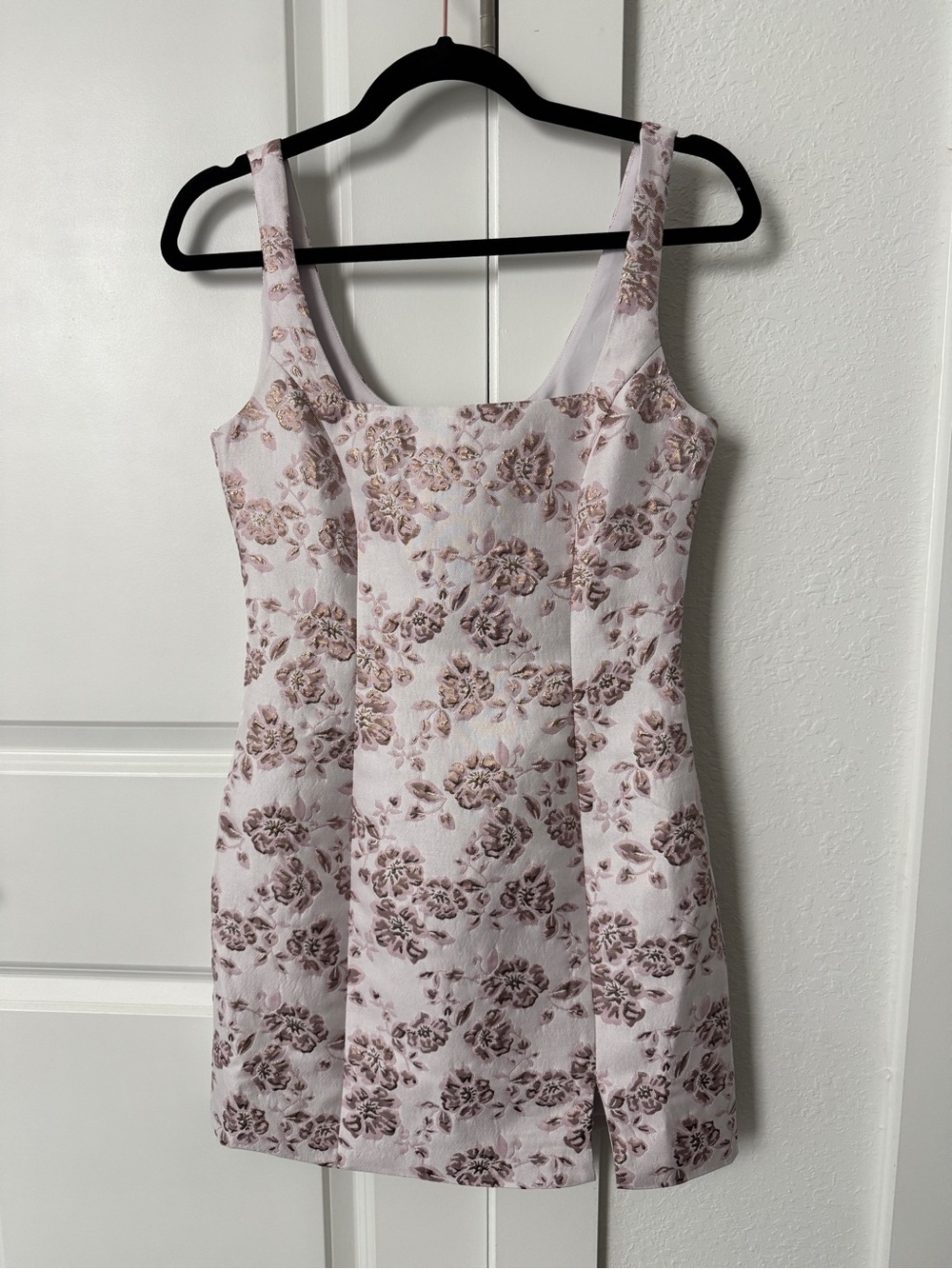 Wayf Pink Floral Jacquard Square Neck Mini Dress